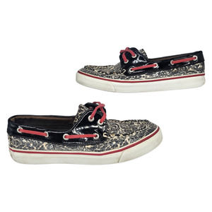 Sperry Top Sider Womens Shoes 6 Black White Sequin Flower Sparkly Boat Slip Ons